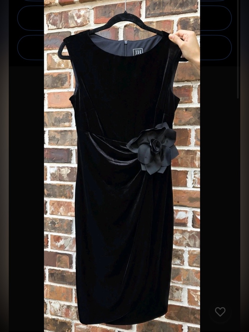 JH Black Velvet Midi Dress with Floral Waist Detail
